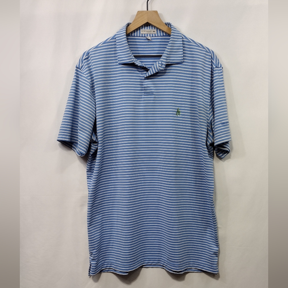 Peter Millar Tour Fit Stripped Golf Polo Shirt Mens L Blue White Outdoor Sporty